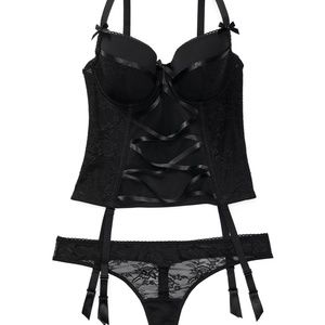 Adore Me Nylon Shaper Padded Bra Black Kink Satin Cross Harness Garters Corset